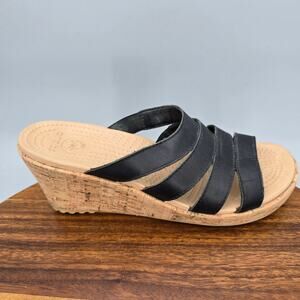 Crocs Sandals Womens 9 Black Leather Strappy A Leigh Slip On Casual Wedge Slides
